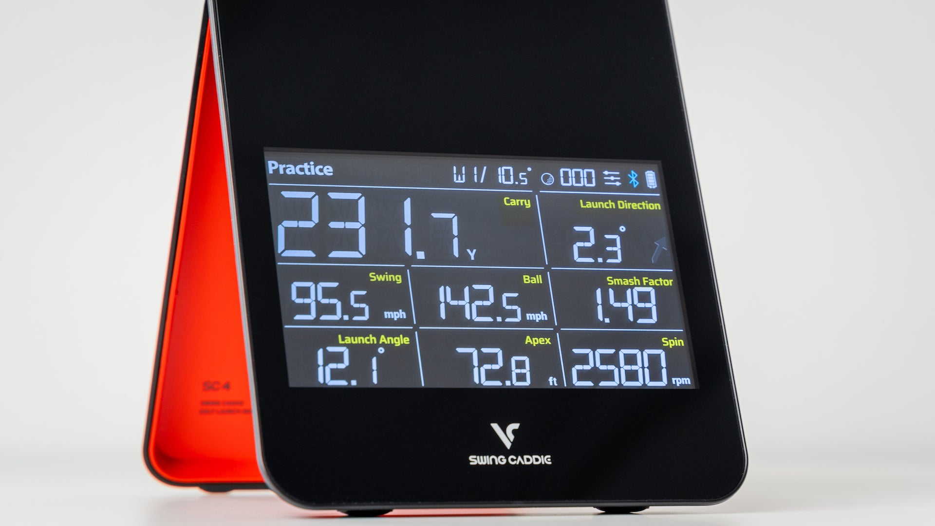 The lit up display on the Swing Caddie SC4 golf launch monitor