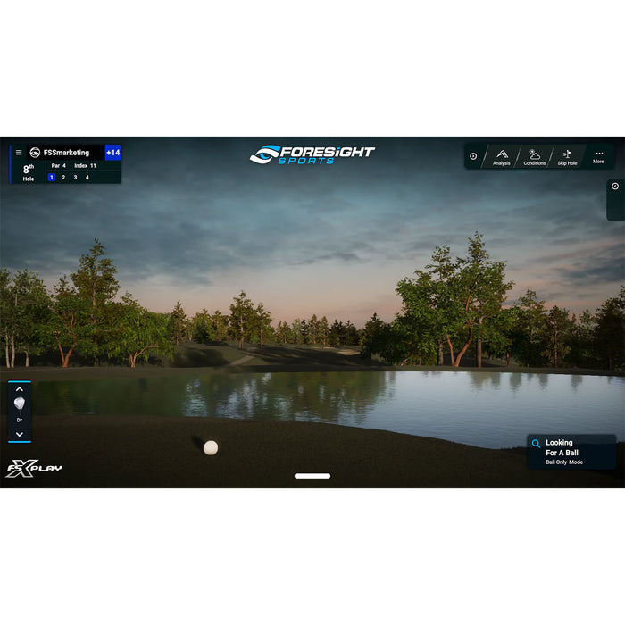 The Foresight Sports FSX Play software showing a virtual golf course with a lake