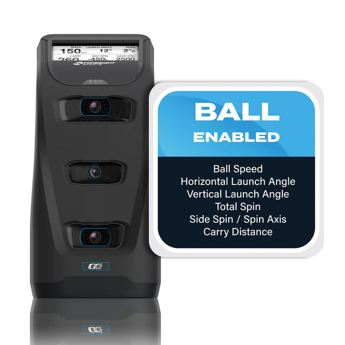 Front view of the Foresight Sports GC3 launch monitor with a "Ball Enabled" graphic with the metrics listed below
