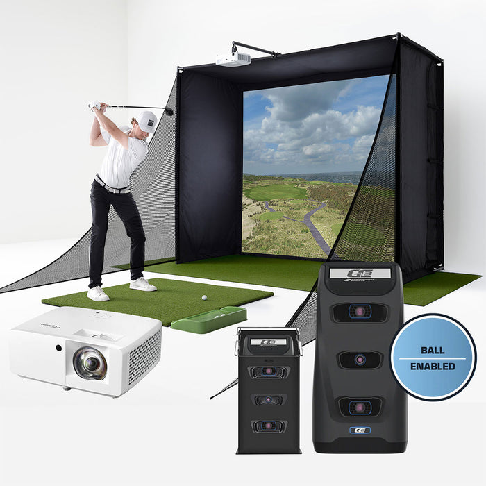 A golfer swinging in a PlayBetter SimStudio home golf simulator with a projector and Foresight Sports launch monitor and a GC3 in a protective metal case in the foreground with a "Ball Enabled" badge in the front lower right corner
