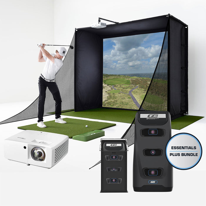 A golfer swinging in a PlayBetter SimStudio home golf simulator with a projector and Foresight Sports launch monitor and a GC3 in a protective metal case in the foreground with a "Essentials Plus" badge in the front lower right corner