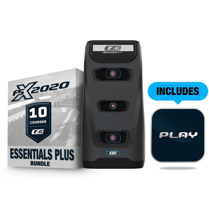 The Foresight Sports GC3 launch monitor with the FSX 2020 Essentials Plus Bundle on one side and "Includes PLAY" graphic on the other side