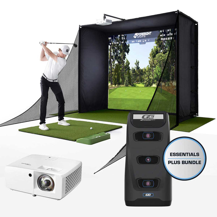 A golfer swinging in the PlayBetter SimStudio with a projector and Foresight Sports GC3 launch monitor in the foreground and the "Essential Plus Bundle" badge in the lower front left of the image