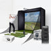 A golfer swinging at a golf ball on a golf mat in front of a Foresight Sports GC3 launch monitor with a projector, GC3 unit and FSX 2020 Essentials Plus package in the foreground