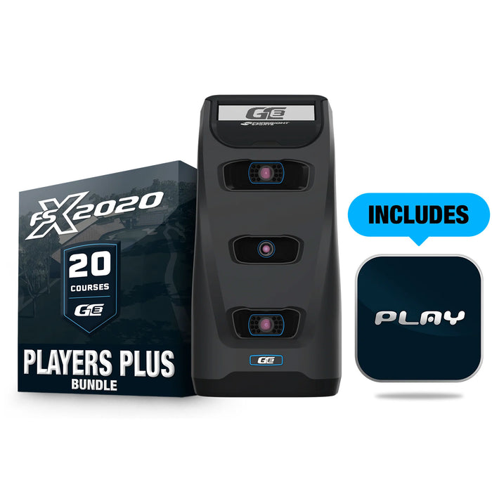 The Foresight Sports GC3 golf launch monitor with the FSX 202 Players Plus bundle on one side and "Includes PLAY" graphic on the other