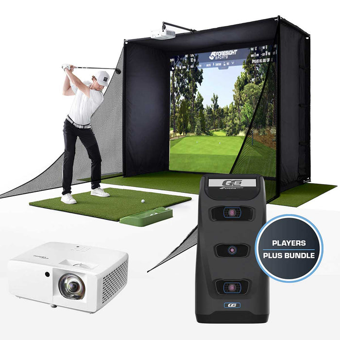 A golfer swinging in the PlayBetter SimStudio with a projector and Foresight Sports GC3 launch monitor in the foreground with the "Players Plus Bundle" badge in the lower front right corner of the image