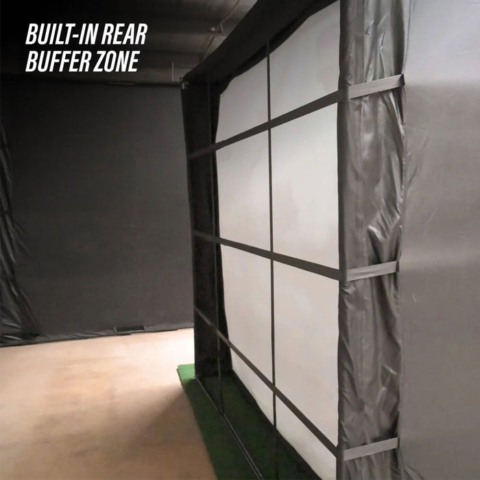 The rear view of an assembled PlayBetter SimStudio enclosure with the words "BUILT-IN REAR BUFFER ZONE" in the upper left corner of the image