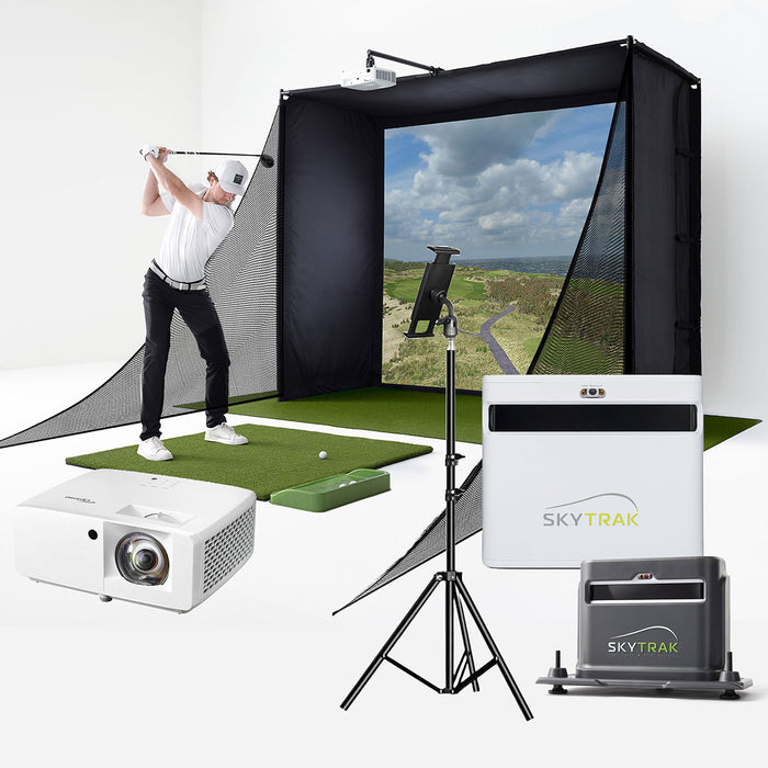 SkyTrak+ Golf Launch Monitor with PlayBetter SimStudio™ | Complete Home Simulator Studio Package with Impact Screen Enclosure, Mats, & Projector