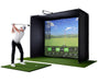 A golfer in a PlayBetter SimStudio complete home golf simulator on a golf hitting mat swinging at a golf ball