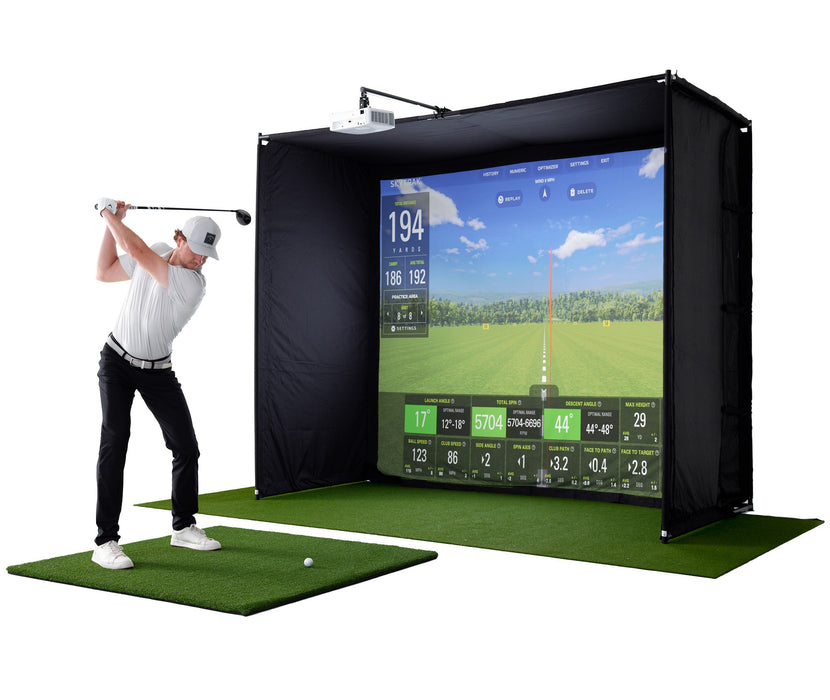 PlayBetter Garage SimStudio™ by Golficity | Home Golf Simulator Package with Impact Screen, Enclosure, Side Barriers, Hitting/Putting Mats & Projector