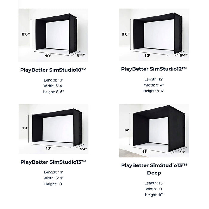 An image showing the four PlayBetter SimStudio home golf simulator sizes including the measurements of each